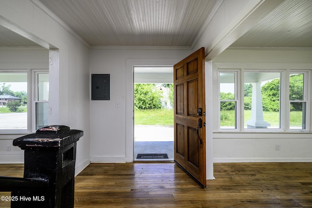 808 Green St, New Bern, NC 28560 - foyer entrance featuring crown molding, electric panel, dark wood-style floors, and baseboards