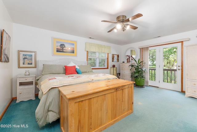 bedroom featuring access to exterior, carpet floors, ceiling fan, and baseboards