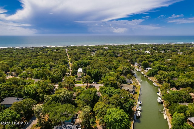 drone / aerial view of a large body of water and a heavily wooded area