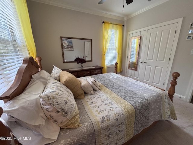 201 Shreveport Ct, Havelock, NC 28532 - bedroom featuring crown molding, carpet flooring, baseboards, a ceiling fan, and a closet