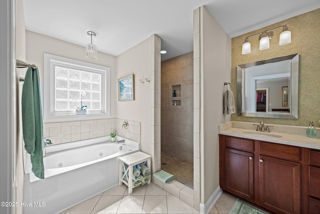 903 Buckingham Rd, Trent Woods, NC 28562 - full bath with tile patterned flooring, tiled shower, a whirlpool tub, and vanity