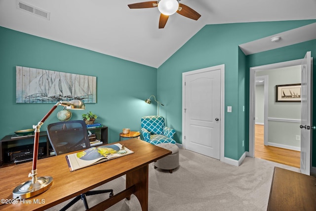 903 Buckingham Rd, Trent Woods, NC 28562 - carpeted home office with a ceiling fan, lofted ceiling, and baseboards