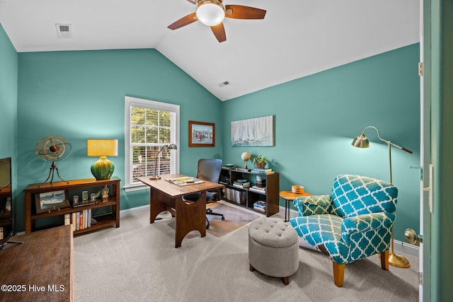 903 Buckingham Rd, Trent Woods, NC 28562 - office space with a ceiling fan, vaulted ceiling, carpet flooring, and baseboards