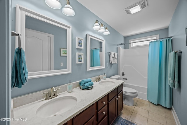 903 Buckingham Rd, Trent Woods, NC 28562 - full bathroom featuring toilet, tile patterned floors, double vanity, and shower / bath combination with curtain