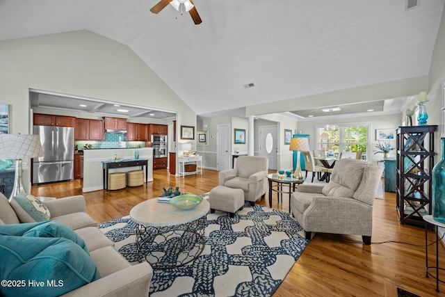 903 Buckingham Rd, Trent Woods, NC 28562 - living room with a ceiling fan, light wood-type flooring, and high vaulted ceiling
