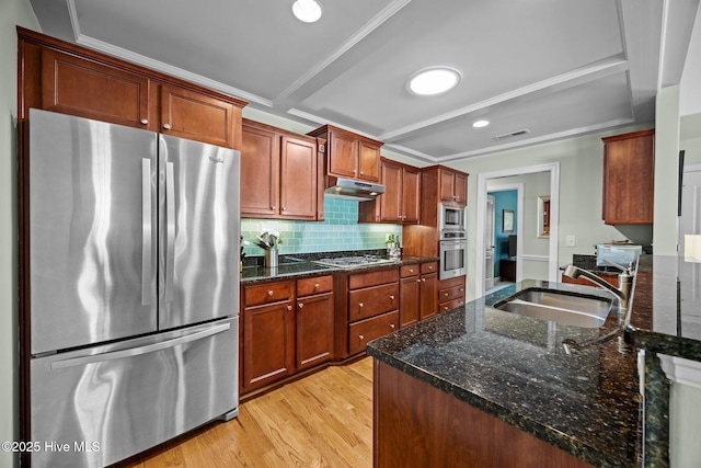 903 Buckingham Rd, Trent Woods, NC 28562 - kitchen with appliances with stainless steel finishes, a sink, under cabinet range hood, light wood finished floors, and backsplash