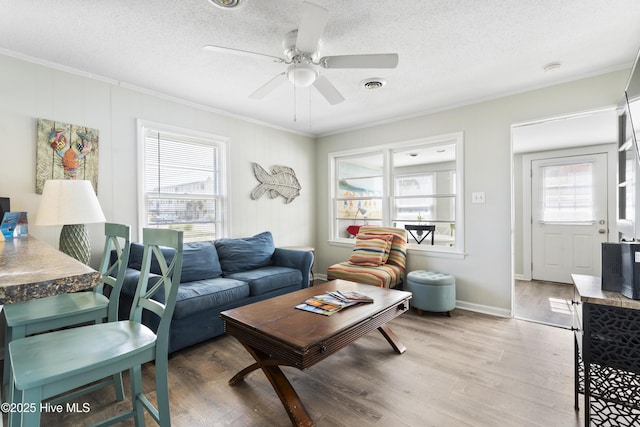 living area featuring crown molding, plenty of natural light, wood finished floors, a ceiling fan, and a textured ceiling