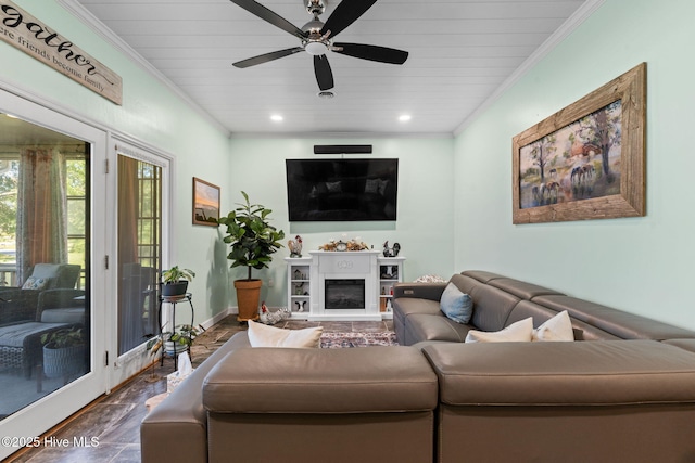 212 Park Ave, Southport, NC 28461 - living area featuring ornamental molding, wood ceiling, ceiling fan, recessed lighting, and a glass covered fireplace