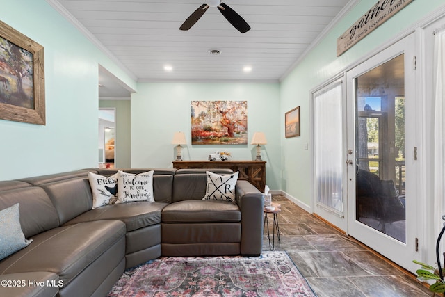 212 Park Ave, Southport, NC 28461 - living area featuring stone finish flooring, ceiling fan, crown molding, baseboards, and recessed lighting