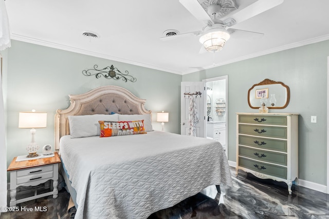212 Park Ave, Southport, NC 28461 - bedroom featuring crown molding, baseboards, ensuite bath, ceiling fan, and a sink