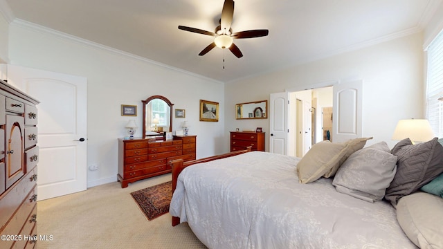bedroom featuring ornamental molding, light carpet, ceiling fan, and baseboards