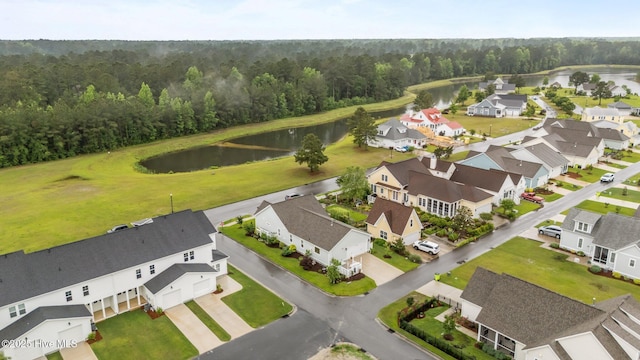 aerial view of residential area with a forest and a large body of water