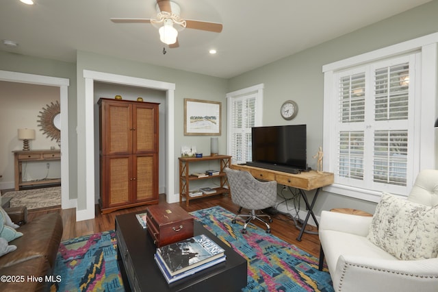 297 Broad St, Oriental, NC 28571 - home office featuring ceiling fan, recessed lighting, wood finished floors, and baseboards