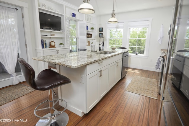 297 Broad St, Oriental, NC 28571 - kitchen with a sink, stainless steel dishwasher, white cabinetry, dark wood-style flooring, and baseboards
