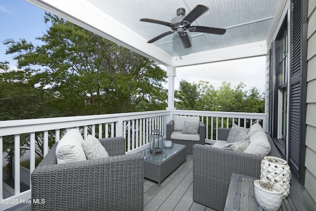297 Broad St, Oriental, NC 28571 - wooden terrace featuring outdoor lounge area and a ceiling fan