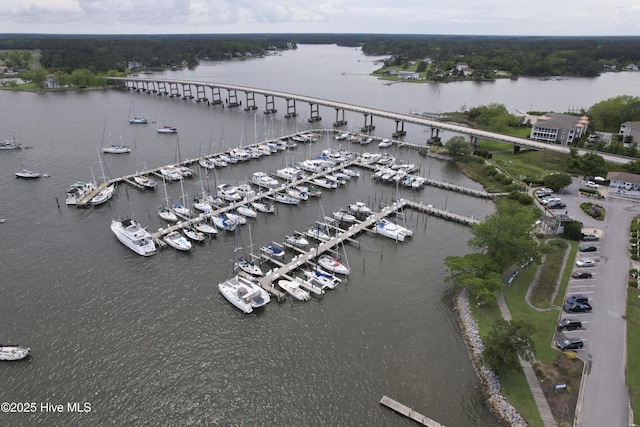 297 Broad St, Oriental, NC 28571 - aerial view of property and surrounding area featuring a nearby body of water, numerous boat docks, and a notable bridge