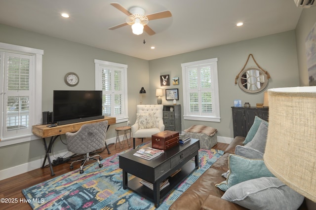 297 Broad St, Oriental, NC 28571 - living area featuring baseboards, a ceiling fan, wood finished floors, and recessed lighting
