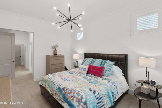 3752 Glenmere Ln, Southport, NC 28461 - bedroom with light carpet, a chandelier, crown molding, and baseboards