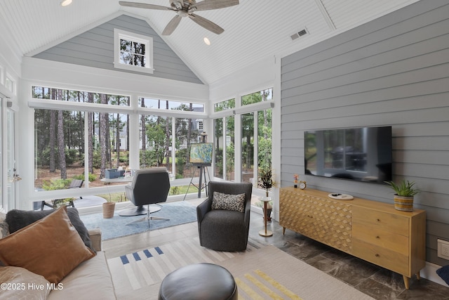 3752 Glenmere Ln, Southport, NC 28461 - sunroom with high vaulted ceiling, plenty of natural light, marble finish flooring, wood walls, and recessed lighting