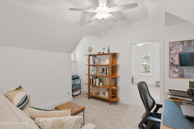 3752 Glenmere Ln, Southport, NC 28461 - office area with a ceiling fan, lofted ceiling, light carpet, and baseboards