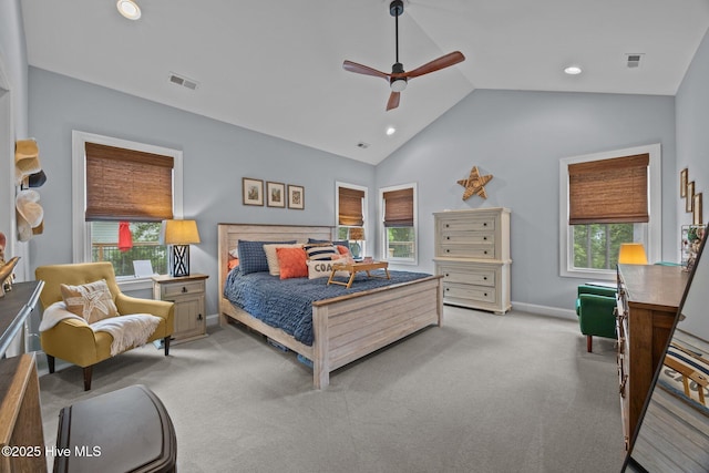 708 Cordgrass Rd, Hampstead, NC 28443 - carpeted bedroom with vaulted ceiling, recessed lighting, baseboards, and ceiling fan