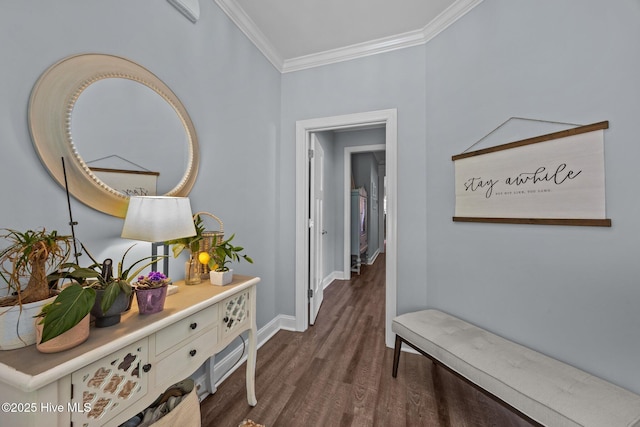 708 Cordgrass Rd, Hampstead, NC 28443 - corridor with ornamental molding, dark wood-type flooring, and baseboards