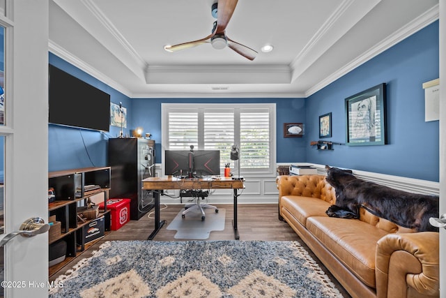 708 Cordgrass Rd, Hampstead, NC 28443 - office space featuring wood finished floors, ceiling fan, a raised ceiling, ornamental molding, and wainscoting