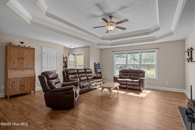 606 Spoleto Ct, Swansboro, NC 28584 - living area featuring a raised ceiling, crown molding, a ceiling fan, wood finished floors, and a textured ceiling