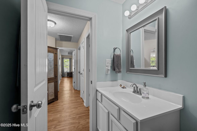 606 Spoleto Ct, Swansboro, NC 28584 - bathroom with vanity, a textured ceiling, and wood finished floors