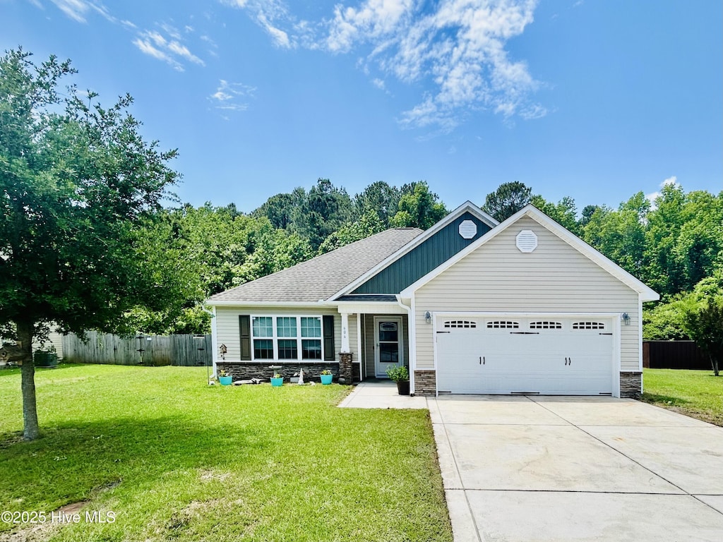 view of front of home with concrete driveway, a garage, stone siding, and roof with shingles