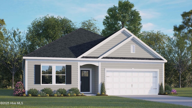 view of front facade with a garage, a front lawn, a shingled roof, and concrete driveway