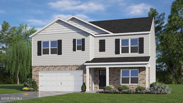 craftsman house featuring a front yard, concrete driveway, an attached garage, and stone siding