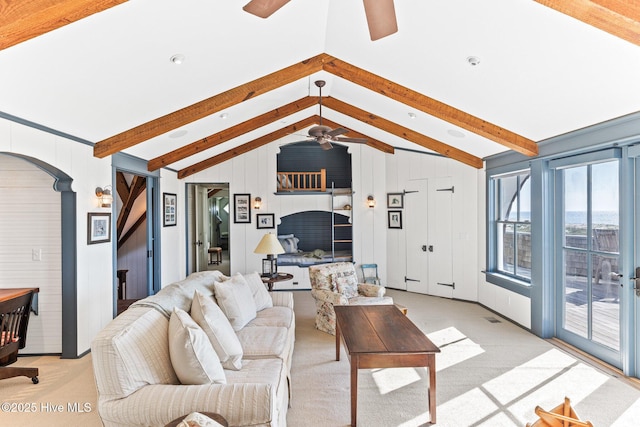 21 Sea Gull Trl, Bald Head Island, NC 28461 - living area with ceiling fan, light carpet, and wood walls
