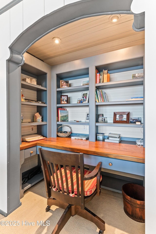 21 Sea Gull Trl, Bald Head Island, NC 28461 - carpeted office with built in desk, recessed lighting, and wood ceiling