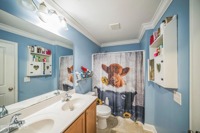 239 Shellbank Dr, Sneads Ferry, NC 28460 - bathroom with toilet, double vanity, ornamental molding, and a shower with shower curtain