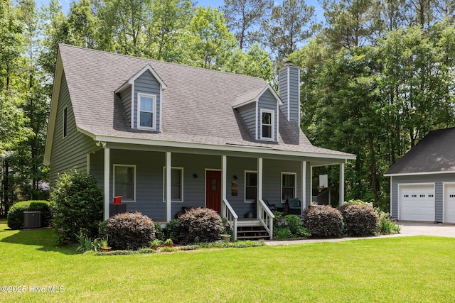 view of front of house featuring cooling unit, a porch, a front yard, and a chimney
