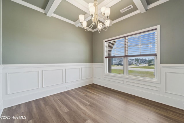 unfurnished room featuring coffered ceiling, a chandelier, beam ceiling, a wainscoted wall, and dark wood-style flooring