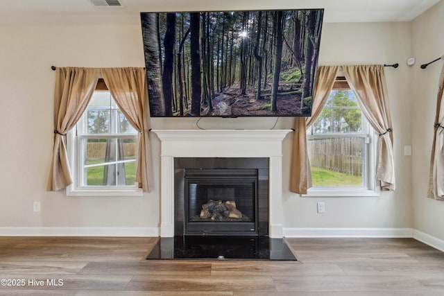 detailed view of wood finished floors, a fireplace with flush hearth, and baseboards