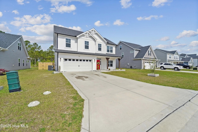 traditional-style home with board and batten siding, concrete driveway, central AC unit, an attached garage, and a residential view