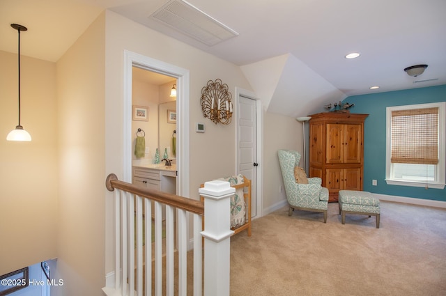 301 Hedrick St, Beaufort, NC 28516 - living area featuring carpet, vaulted ceiling, an upstairs landing, baseboards, and recessed lighting