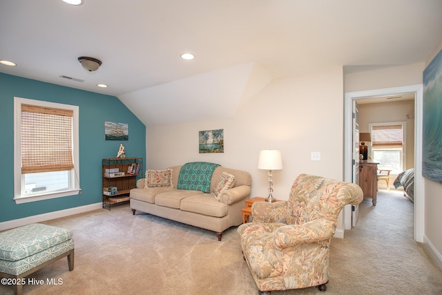 301 Hedrick St, Beaufort, NC 28516 - living area featuring carpet floors, recessed lighting, baseboards, and vaulted ceiling