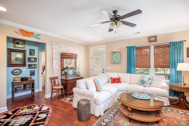 301 Hedrick St, Beaufort, NC 28516 - living area featuring a ceiling fan, dark wood-style flooring, crown molding, baseboards, and recessed lighting