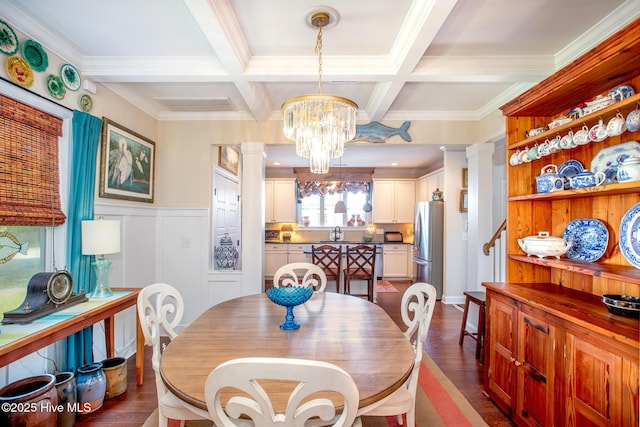301 Hedrick St, Beaufort, NC 28516 - dining space featuring ornate columns, stairway, dark wood finished floors, coffered ceiling, and beam ceiling