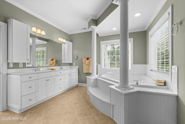 102 Silver Creek Landing Rd, Swansboro, NC 28584 - full bathroom with decorative columns, double vanity, a bath, tile patterned flooring, and ornamental molding