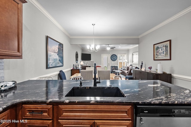 kitchen with dishwasher, a sink, crown molding, a chandelier, and open floor plan