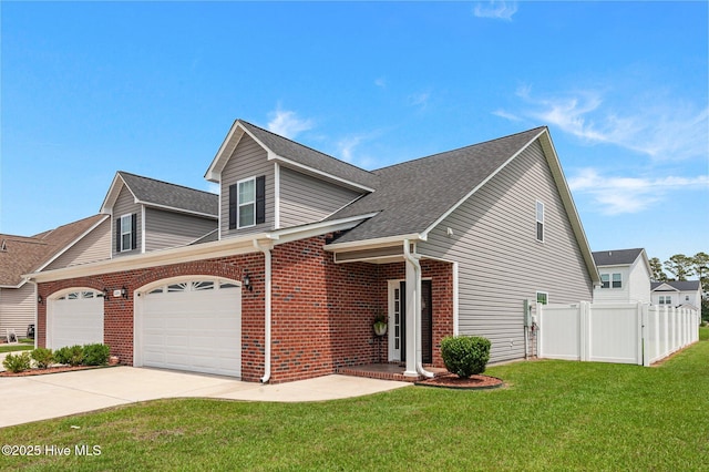 traditional home featuring driveway, roof with shingles, brick siding, and an attached garage