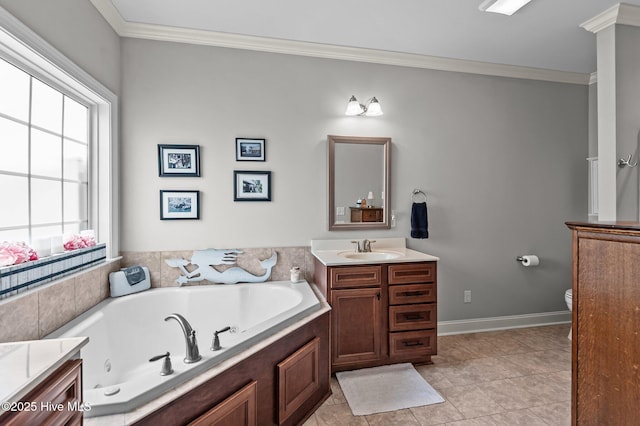 full bathroom with crown molding, a jetted tub, toilet, vanity, and tile patterned floors