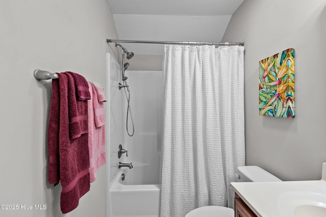 full bath with vanity, toilet, and shower / bath combination with curtain