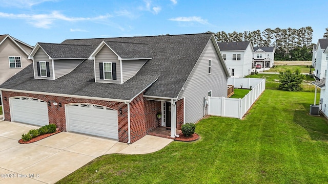 traditional-style house featuring brick siding, driveway, central air condition unit, a shingled roof, and an attached garage