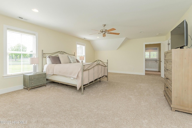 bedroom featuring baseboards, light colored carpet, a ceiling fan, vaulted ceiling, and recessed lighting